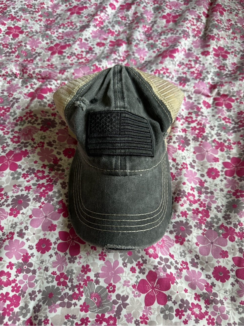 C.C Women's Black and Tan Distressed Trucker Hat with Tonal Flag Patch